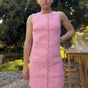Pink Sleeveless Button-Front Tweed Dress